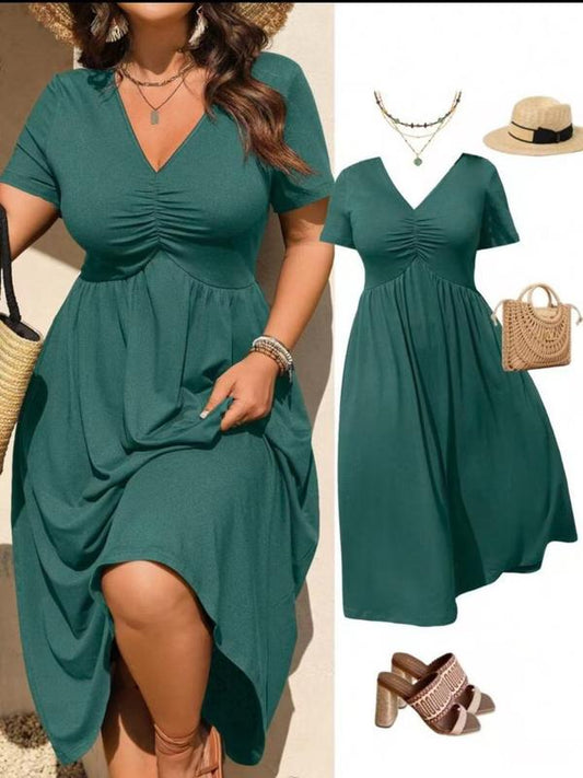 Plus Size V-Hals Geplooide Korte Mouw Midi Jurk, Casual Zomer Vloeiende A-Lijn Jurk