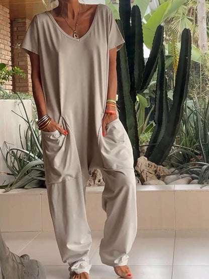 Casual V-hals Effen Kleur Jumpsuit