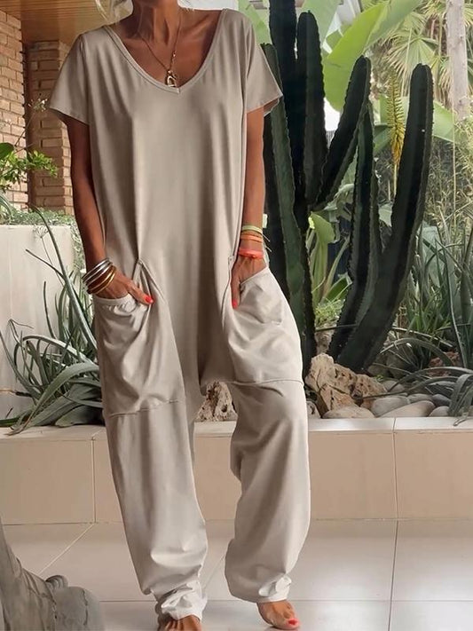 Casual V-hals Effen Kleur Jumpsuit