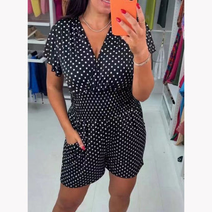 Eendelige short-jumpsuit met polka dot en V-hals